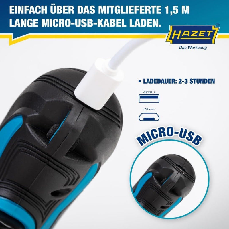HAZET 1/4″ Bit Akku Schrauber Satz 9230B-1, 7-Teilig, 4.5 Nm Lösemoment, Innen TORX, Pozidriv PZ, Innen Sechskant, 180 U/Min, 2,5 Ah Akku, Inkl. Holster