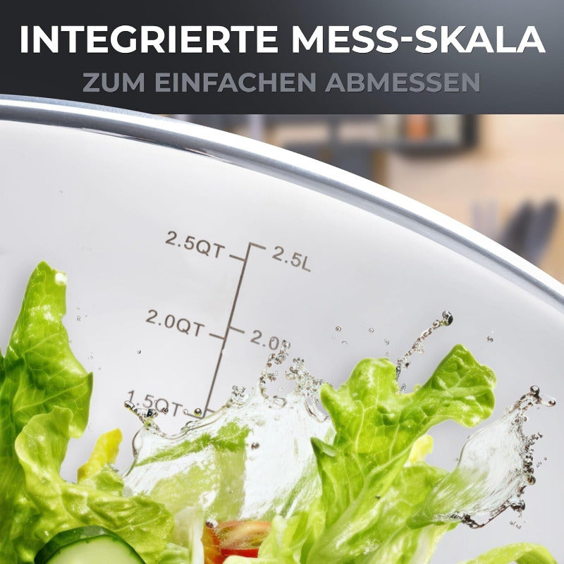 Ovisine Edelstahlschüssel-Set Roumare | 3-Teilig | ⌀ 24, 20, 16 Cm | Rührschüssel Edelstahl | Salatschüssel Groß | Küche | Rutschfester Boden | 1,0L - 2,5L - 4,5L Rührschüsseln | Inkl. Zubehör