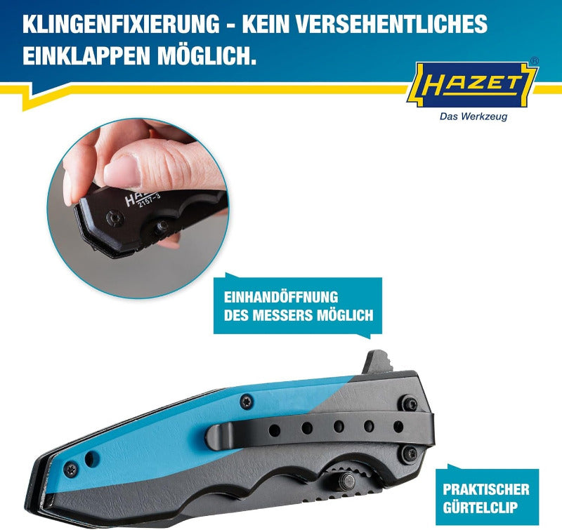 HAZET Klappmesser 2157-3 I Outdoor Taschenmesser Mit Hochwertiger Edelstahl-Klinge I Aluminium-Griff Mit Fingermulden Für Den Einsatz in Werkstatt, Industrie Oder Hobby