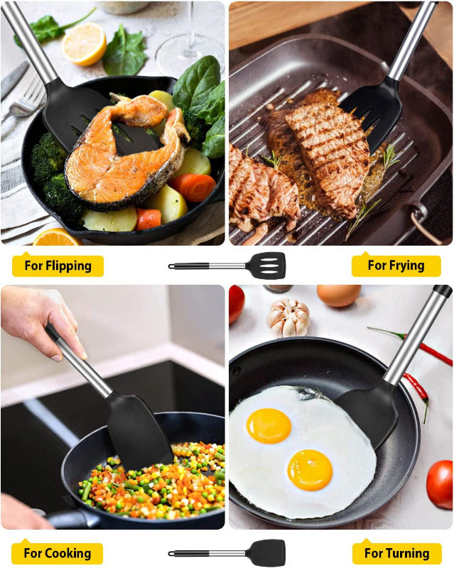BUNDLEPRO 2-Piece Slotted Silicone Spatula Set – BPA-Free, Heat-Resistant Non-Stick Turner for Fish, Eggs & Pancakes | Flexible, Durable & Dishwasher Safe (Black)