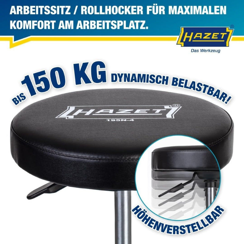 HAZET Arbeitssitz 195N-4; Stabile Vierkant-Rohrrahmenkonstruktion; 5 Leichtlaufrollen 75 Mm; Höhenverstellbar 430-550 Mm; Belastbar Bis 150 Kg; Großes Sitzkissen 350 Mm