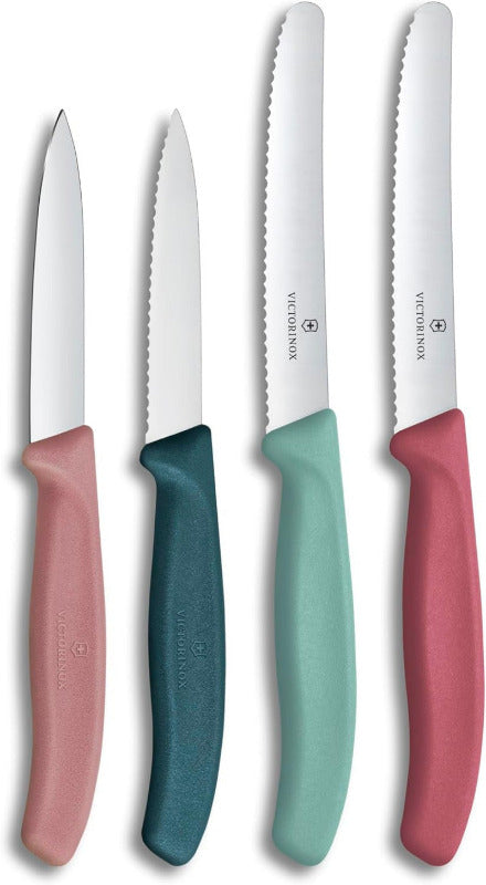 Victorinox Swiss Classic, Tomaten- Und Gemüsemesser Set, 4Teilig, Scharfe Klinge, 8 Und 10 Cm, Wellenschliff, Rostfreier Stahl, Pink Und Grün