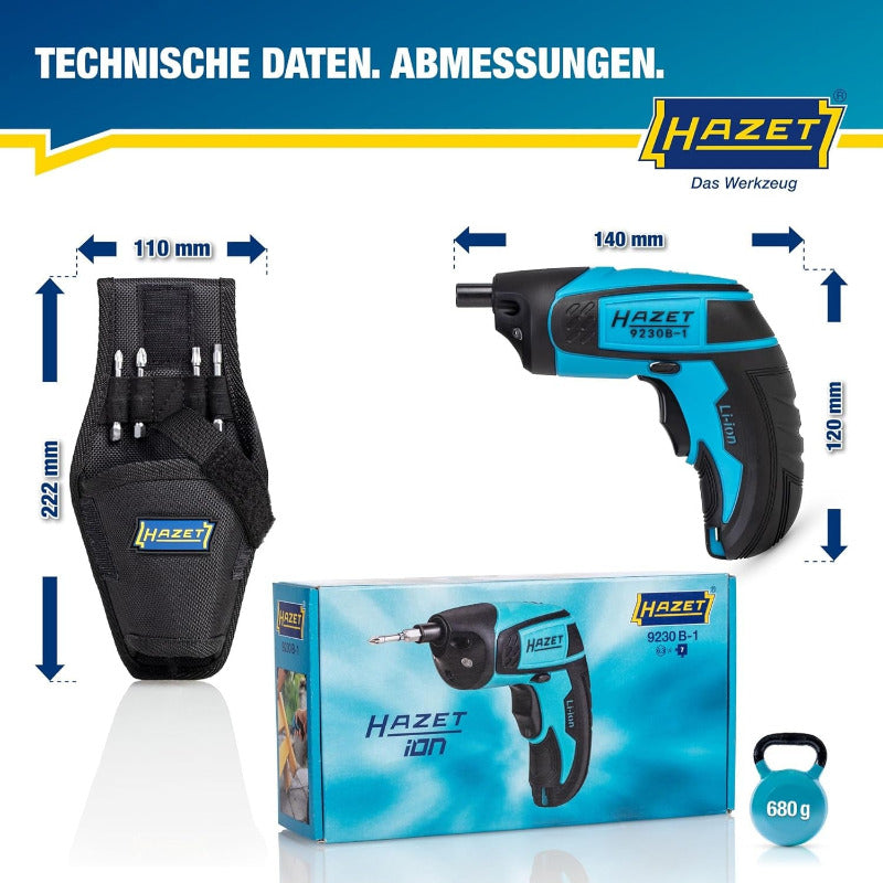 HAZET 1/4″ Bit Akku Schrauber Satz 9230B-1, 7-Teilig, 4.5 Nm Lösemoment, Innen TORX, Pozidriv PZ, Innen Sechskant, 180 U/Min, 2,5 Ah Akku, Inkl. Holster