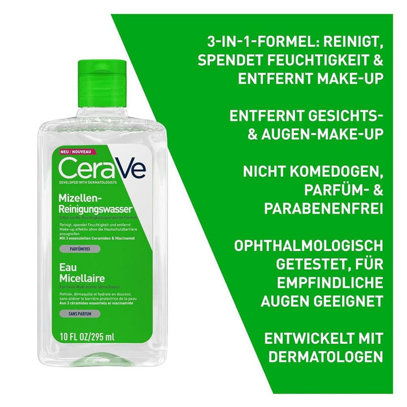 Cerave Mizellenwasser Und Make-Up Entferner, Für Eine Gründliche Und Milde Gesichtsreinigung, Gesichtswasser Für Jeden Hauttyp, Mit Hyaluron Und 3 Essenziellen Ceramiden, Ohne Parfüm, 295 Ml