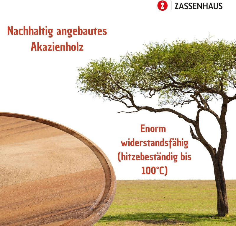 ZASSENHAUS 33 cm Acacia Wood Pizza Plate – Round Board with Juice Groove