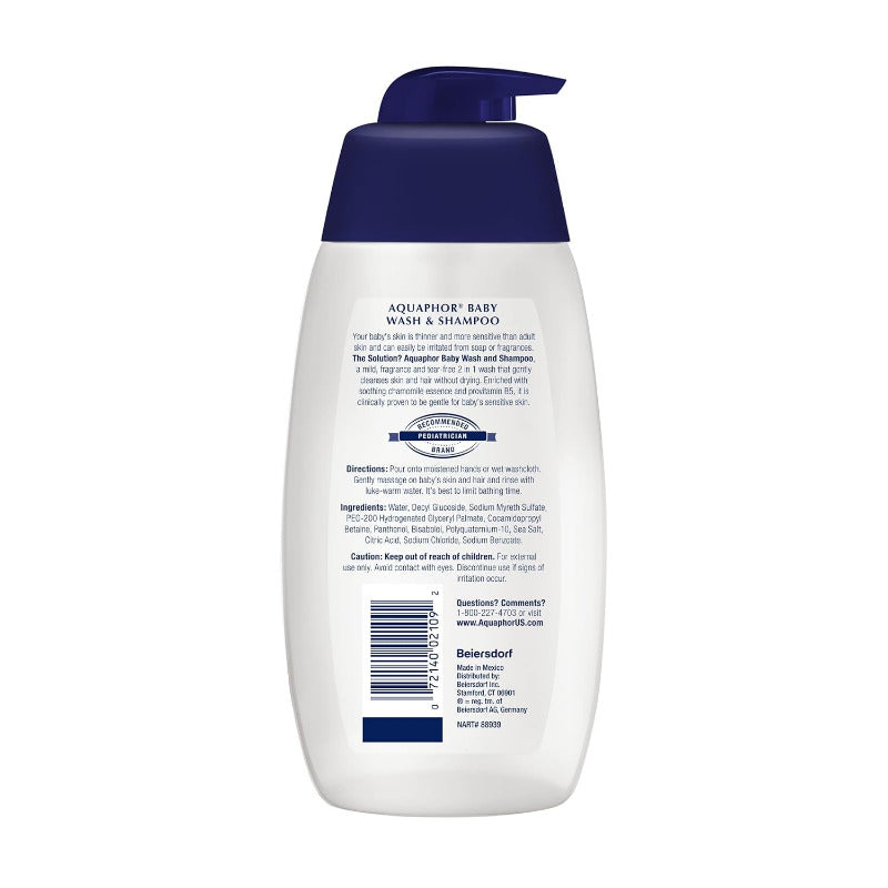 Aquaphor Baby Wash and Shampoo - Mild, Tear-Free 2-in-1 Solution for Baby’s Sensitive Skin (16.9 Fl. Oz. Pump)