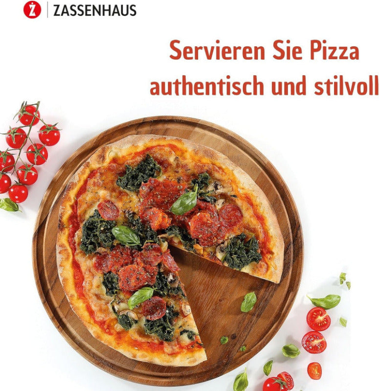 ZASSENHAUS 33 cm Acacia Wood Pizza Plate – Round Board with Juice Groove