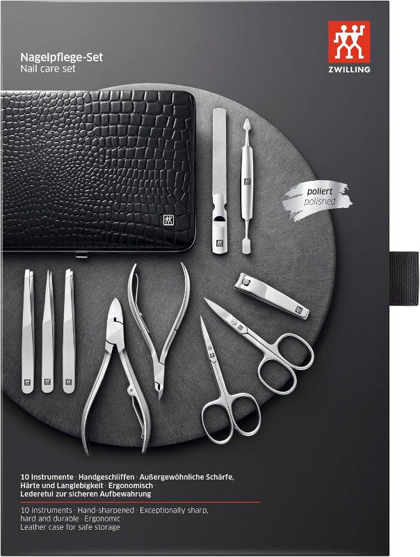 ZWILLING Maniküreset (10 Teilig, Komplettset Für Finger- Und Fußnägel, Echt Leder Etui Mit Metallrahmen), Edelstahl Poliert, Kroko Edition, Schwarz