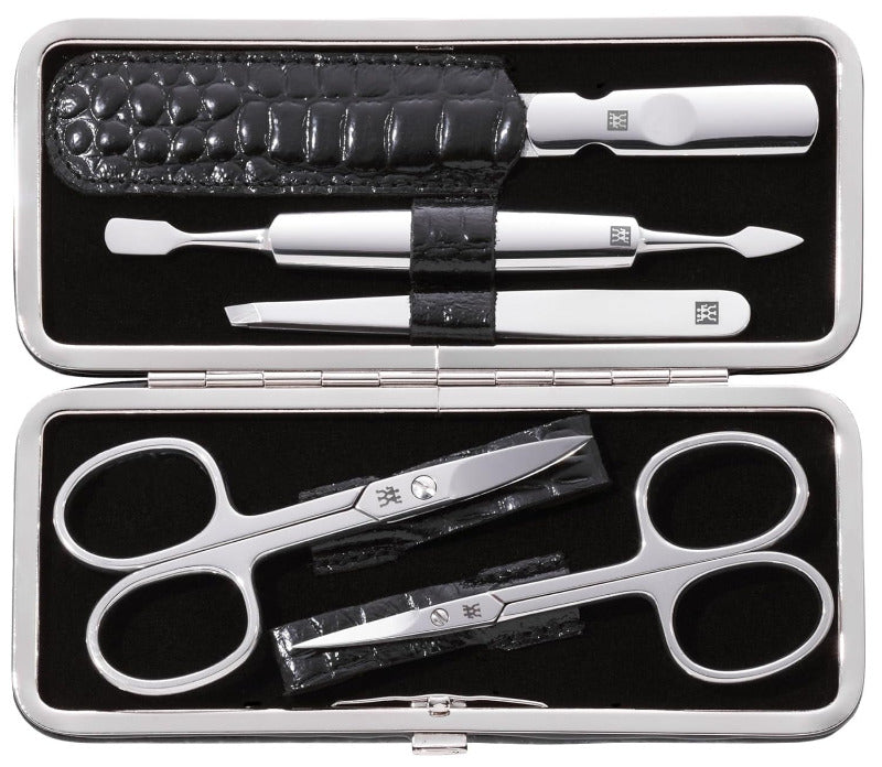 ZWILLING Maniküreset (10 Teilig, Komplettset Für Finger- Und Fußnägel, Echt Leder Etui Mit Metallrahmen), Edelstahl Poliert, Kroko Edition, Schwarz