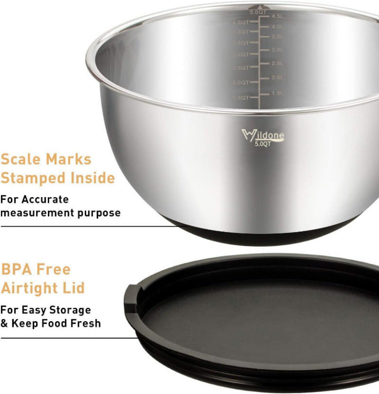 WILDONE 5-Piece Stainless Steel Mixing Bowl Set with Airtight Lids