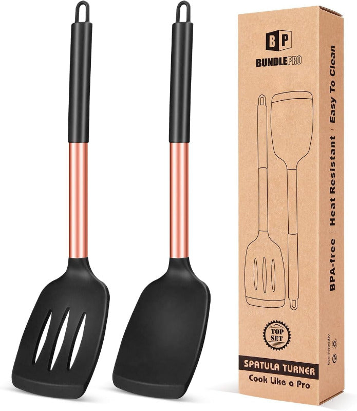 BUNDLEPRO 2-Piece Slotted Silicone Spatula Set – BPA-Free, Heat-Resistant Non-Stick Turner for Fish, Eggs & Pancakes | Flexible, Durable & Dishwasher Safe (Black)