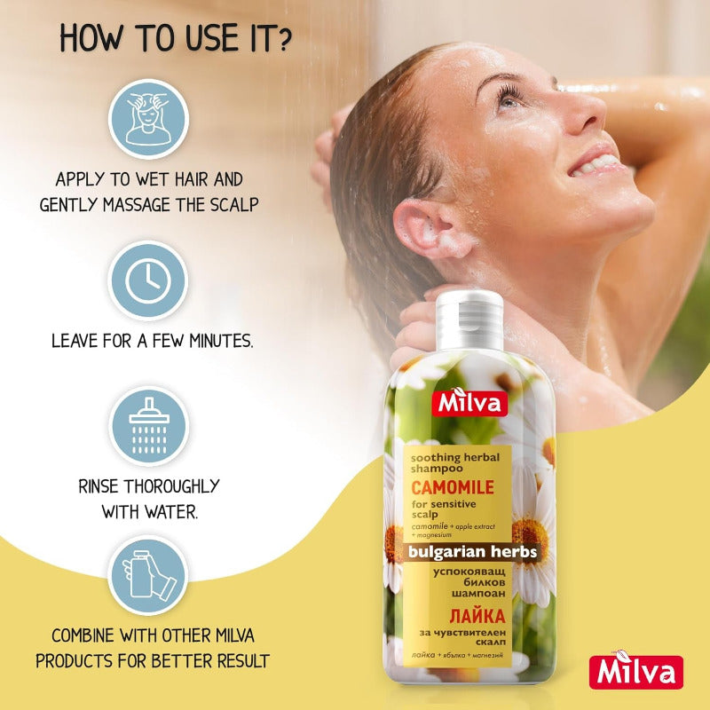 Milva Kamille Shampoo I Beruhigendes Shampoo Mit Natürlicher Haaraufhellung Für Damen, Haarpflege Für Glänzendes & Blondes Haar, Frauen Haarshampoo Für Empfindliche & Trockene Kopfhaut | 200 Ml