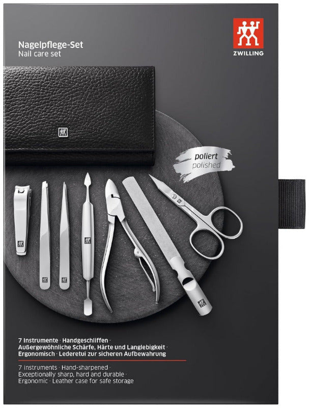 ZWILLING 7-Piece Manicure & Pedicure Set – Polished Stainless Steel, Genuine Leather Case, Black