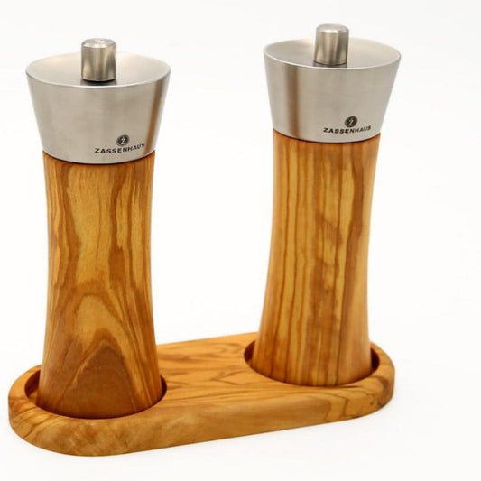 ZASSENHAUS Augsburg Salt & Pepper Mill Set – Olive Wood, 18 cm with Tray