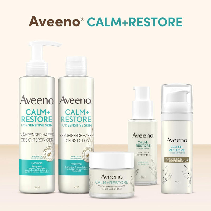 Aveeno CALM+RESTORE Feuchtigkeitsspendende Hafer Tagespflege (50 Ml), Parfümfreie 24 Stunden Feuchtigkeitspflege, Beruhigt Sofort Empfindliche Haut, Mit Präbiotischem Hafer & Beruhigendem Mutterkraut