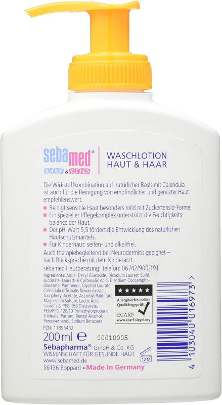 Sebamed Baby & Kind Waschlotion Haut & Haar Mit Calendula 200 Ml, Reinigt Sensible Kinderhaut Besonders Mild, Auch Bei Zu Reizungen Neigender Haut