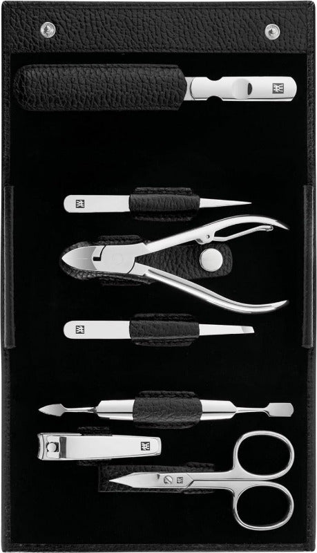 ZWILLING 7-Piece Manicure & Pedicure Set – Polished Stainless Steel, Genuine Leather Case, Black