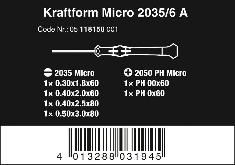 WERA 2035/6A Kraftform Micro Screwdriver Set – 6‑Piece with Rack (05118150001)