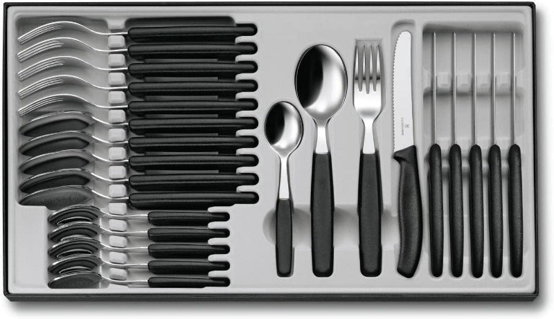 Victorinox Classic, Profi Tafelbesteck, 24-Teilig, Extra Scharfe Klinge, Wellenschliff, 11 Cm, Rostfreier Stahl, Schwarz