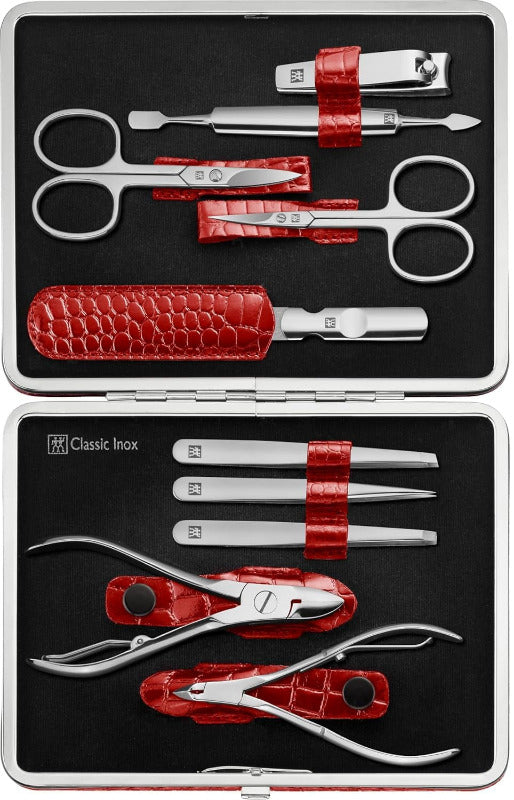 ZWILLING Maniküreset (10 Teilig, Komplettset Für Finger- Und Fußnägel, Echt Leder Etui Mit Metallrahmen), Edelstahl Poliert, Kroko Edition, Schwarz
