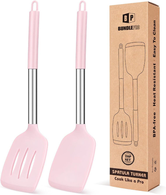 BUNDLEPRO 2-Piece Slotted Silicone Spatula Set – BPA-Free, Heat-Resistant Non-Stick Turner for Fish, Eggs & Pancakes | Flexible, Durable & Dishwasher Safe (Black)