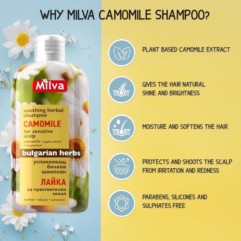 Milva Kamille Shampoo I Beruhigendes Shampoo Mit Natürlicher Haaraufhellung Für Damen, Haarpflege Für Glänzendes & Blondes Haar, Frauen Haarshampoo Für Empfindliche & Trockene Kopfhaut | 200 Ml