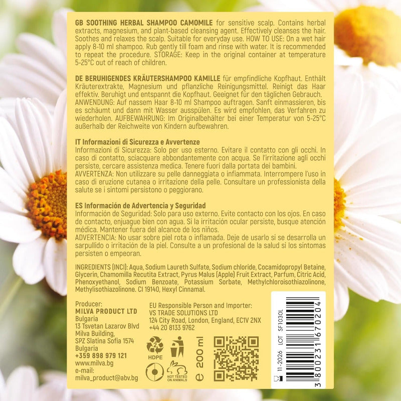 Milva Kamille Shampoo I Beruhigendes Shampoo Mit Natürlicher Haaraufhellung Für Damen, Haarpflege Für Glänzendes & Blondes Haar, Frauen Haarshampoo Für Empfindliche & Trockene Kopfhaut | 200 Ml