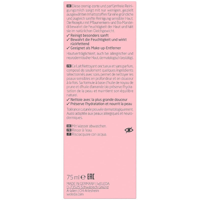WELEDA Bio Mandel Sensitiv Reinigungsmilch, Sanfte Porentiefe Naturkosmetik Reinigung Für Sensible Haut Im Gesicht, Geeignet Für Neurodermitiker Und Schonende Entfernung Von Make-Up (1 X 75 Ml)