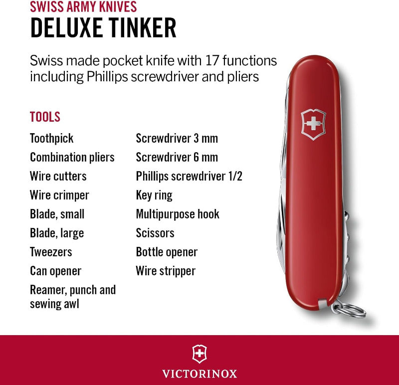 VICTORINOX Deluxe Tinker Swiss Army Knife – 17 Function Multitool | Red Pocket Knife for Travel, Camping & DIY