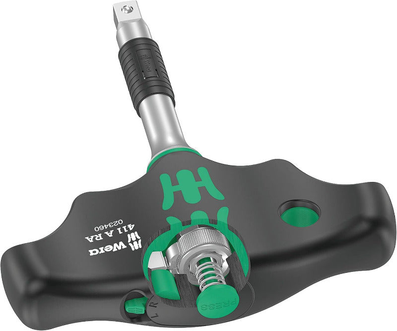 Wera 416 RA T-Handle Ratchet Bit Holder with Rapidaptor, 1/4", 45mm – Black/Green