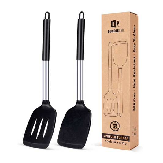 BUNDLEPRO 2-Piece Slotted Silicone Spatula Set Heat-Resistant Non-Stick Turner