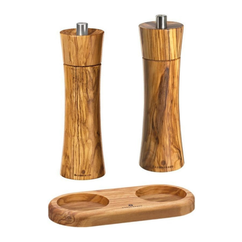 ZASSENHAUS Salt & Pepper Mill Set with Tray – Olive Wood
