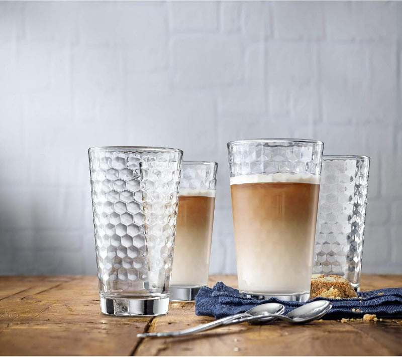 WMF Coffeetime Longdrinkgläser Set 4-Teilig, Gläser 275Ml Mit Wabenmuster, Latte Macchiato, Cocktail, Hitzebeständiges Kristallglas, Spülmaschinengeeignet