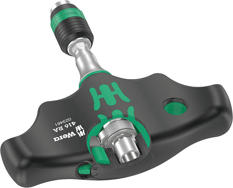 Wera 416 RA T-Handle Ratchet Bit Holder with Rapidaptor, 1/4", 45mm – Black/Green