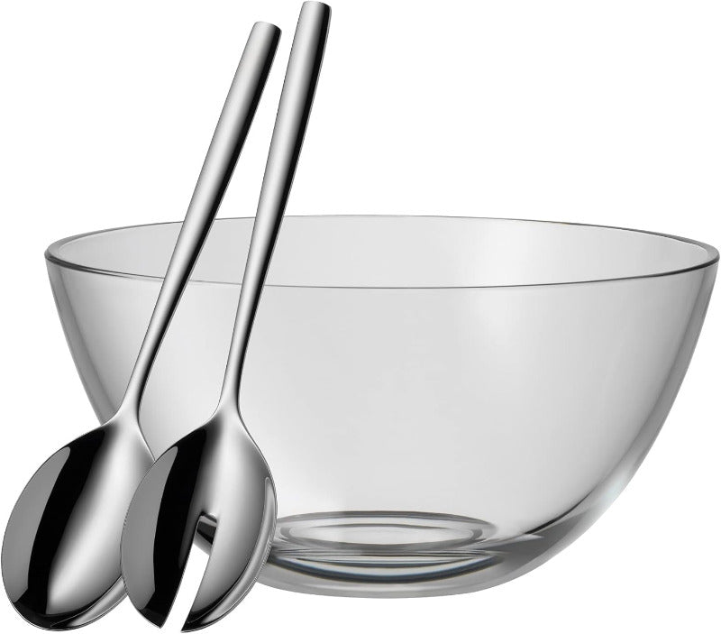 WMF Taverno 3-Piece Salad Bowl Set Glass Salad Bowl with Stainless Steel Servers