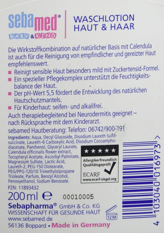 Sebamed Baby & Kind Waschlotion Haut & Haar Mit Calendula 200 Ml, Reinigt Sensible Kinderhaut Besonders Mild, Auch Bei Zu Reizungen Neigender Haut