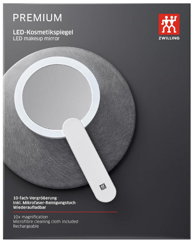 ZWILLING Premium Cosmetic Mirror – 10x Magnification, LED Light, Rechargeable, 360° Swivel, Daylight White