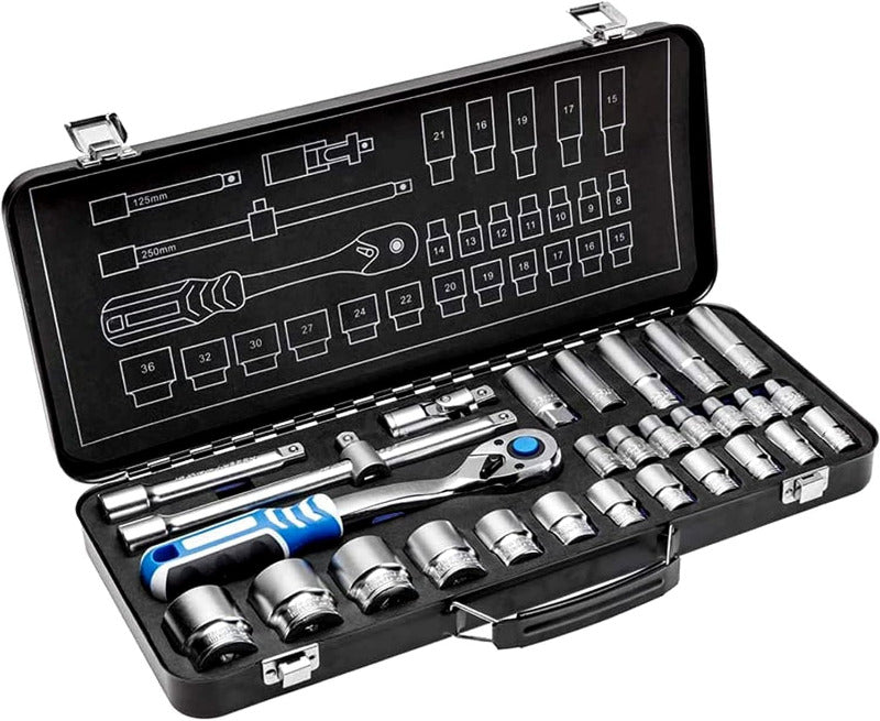 Högert Technik - Werkzeugset I Steckschlüssel, Bits Und Ausstattung 1/4” I Legiertem Chrom-Vanadium-Stahl I Gesenkgeschmiedet I Ratschenmechanik Mit 72 Sperrklinken I Ht1R462-38-Tlg