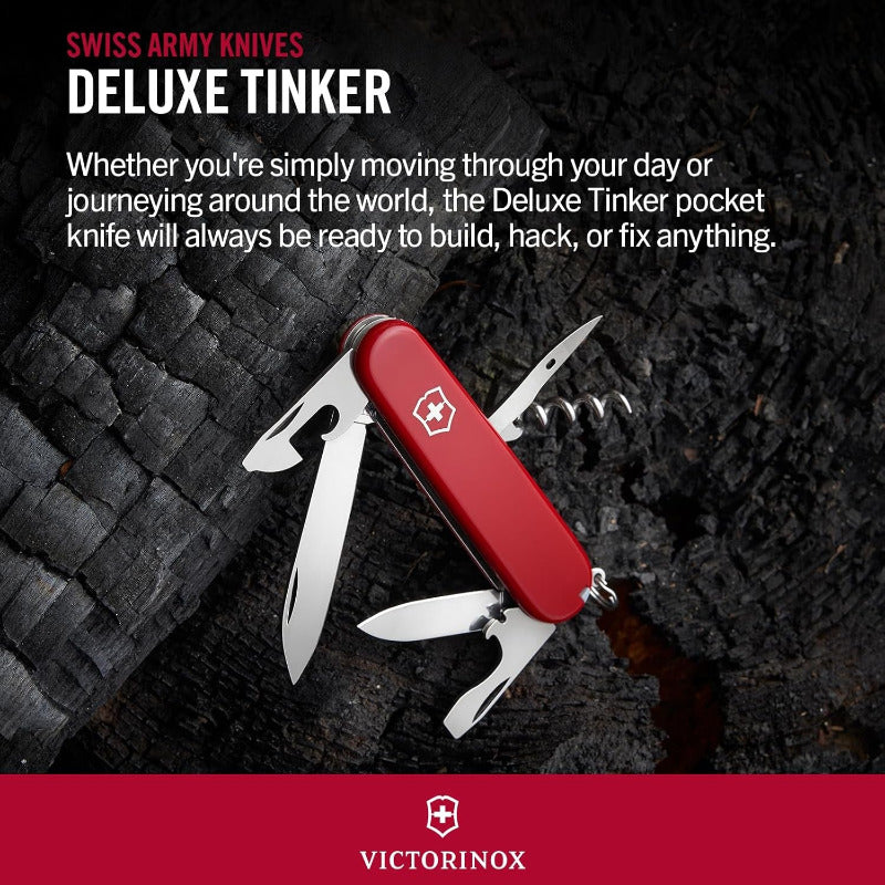 VICTORINOX Deluxe Tinker Swiss Army Knife – 17 Function Multitool | Red Pocket Knife for Travel, Camping & DIY