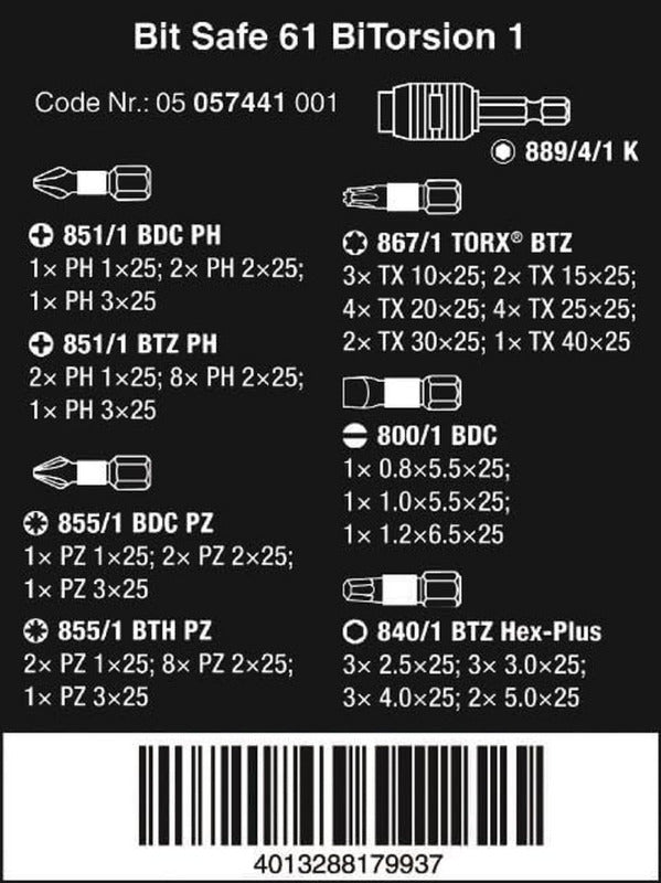 WERA Bit-Safe 61 BiTorsion 1 – 61-Piece Bit Set (05057441001), Black