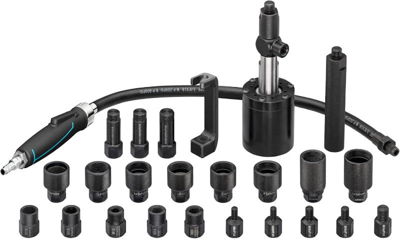 Hazet Injektor-Schlagauszieher Pneumatisch 9098/24, 24-Teilig, Schonender Ausbau Von Diesel Injektoren, Vermeidung Von Zylinderkopfschäden, Inklusive 21 Adapter Für Verschiedene Marken